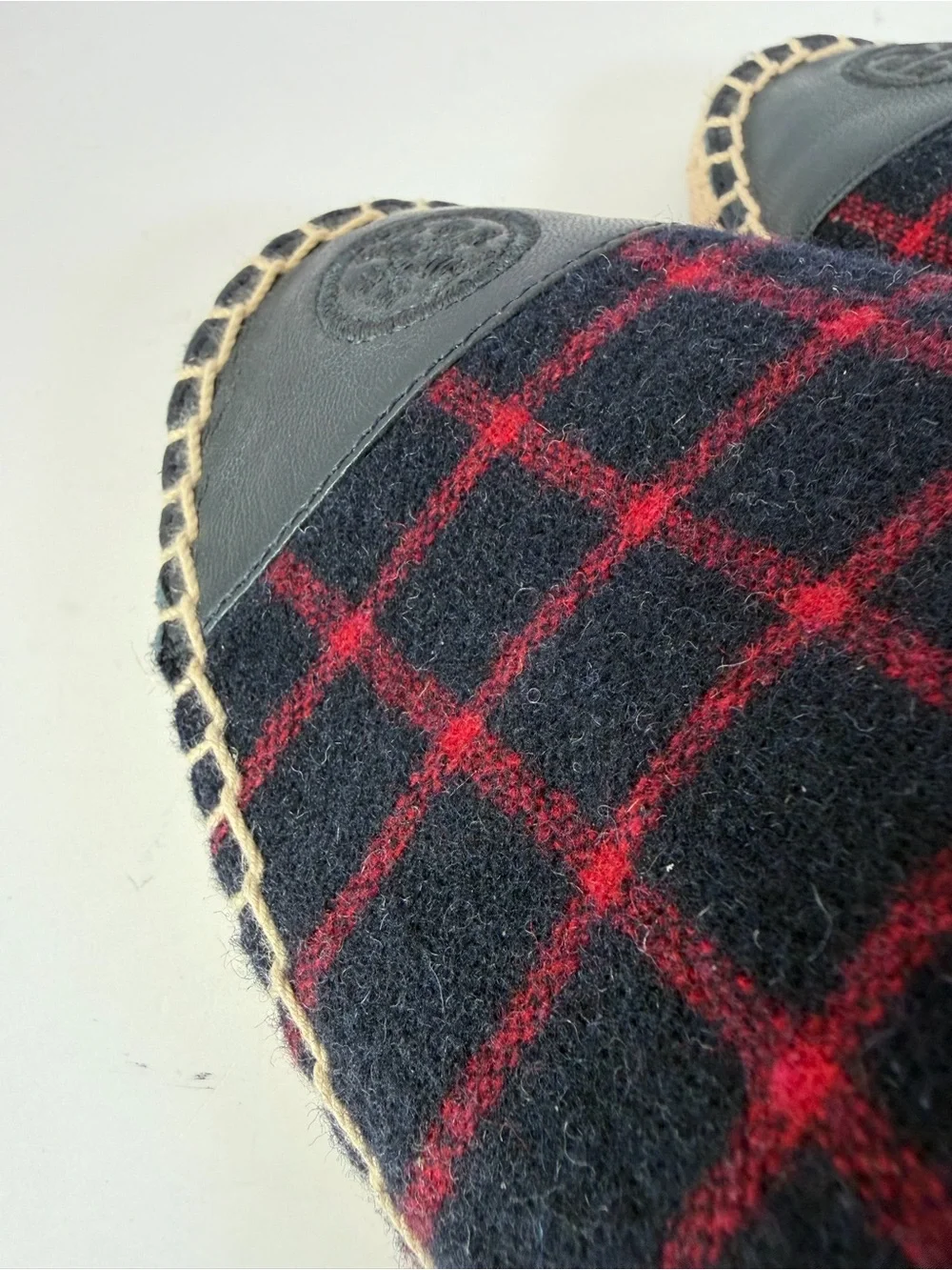 Tory Burch Plaid Espadrilles Colorblock Checked Wool Leather Navy Red Size 9